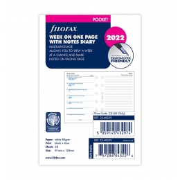 2022 Pocket Filofax heti naptárbetét 1 hét/1 oldal + 1 oldal jegyzet fehér