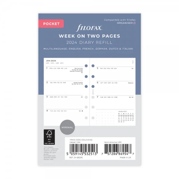 2024 Pocket Minimal heti naptárbetét | Filofax
