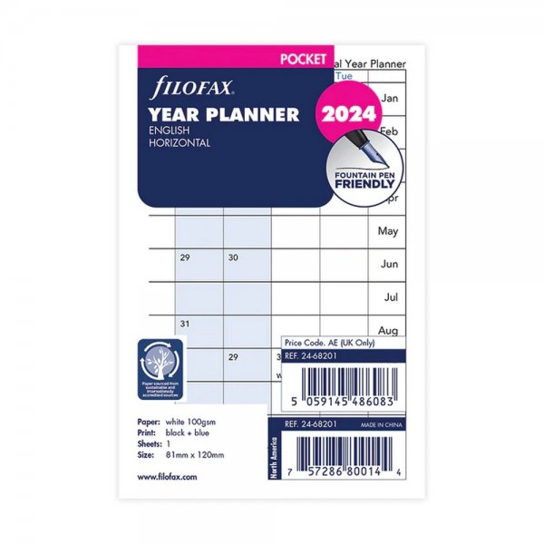2024 Pocket éves naptárbetét horizontális fehér | Filofax