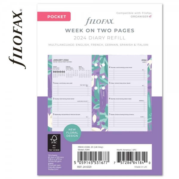2024 Pocket Floral heti naptárbetét | Filofax Illustrated