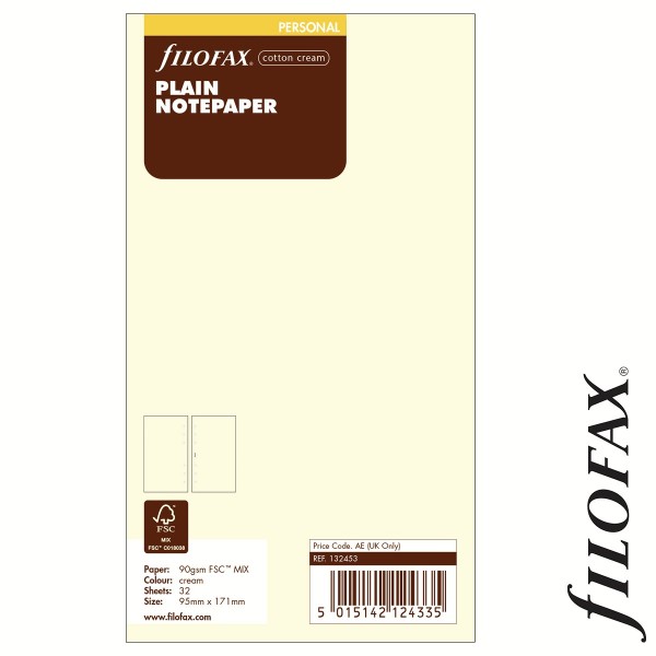 Filofax Jegyzetlapok, Üres, nagy csomag Personal Krém